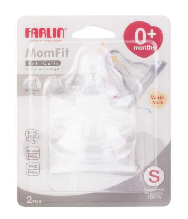 Farlin Wide-Neck Bottle Nipples Slow Flow Silicone Teats, Pack of 2