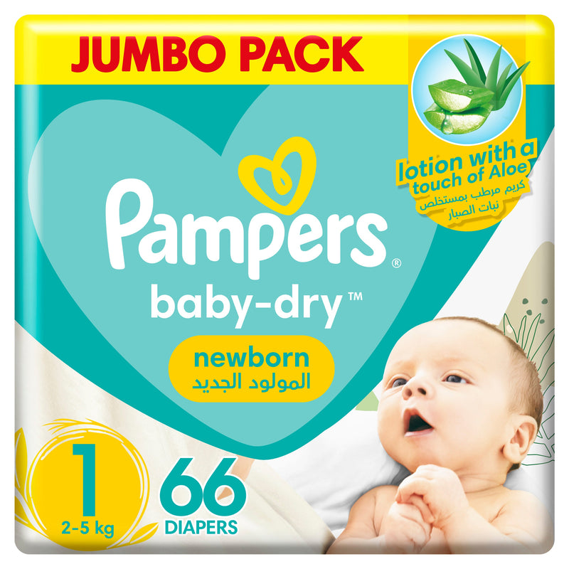 Pampers Baby-Dry Aloe Vera Taped Diapers Size 1, 2-5kg, Jumbo Pack, 66 Diapers