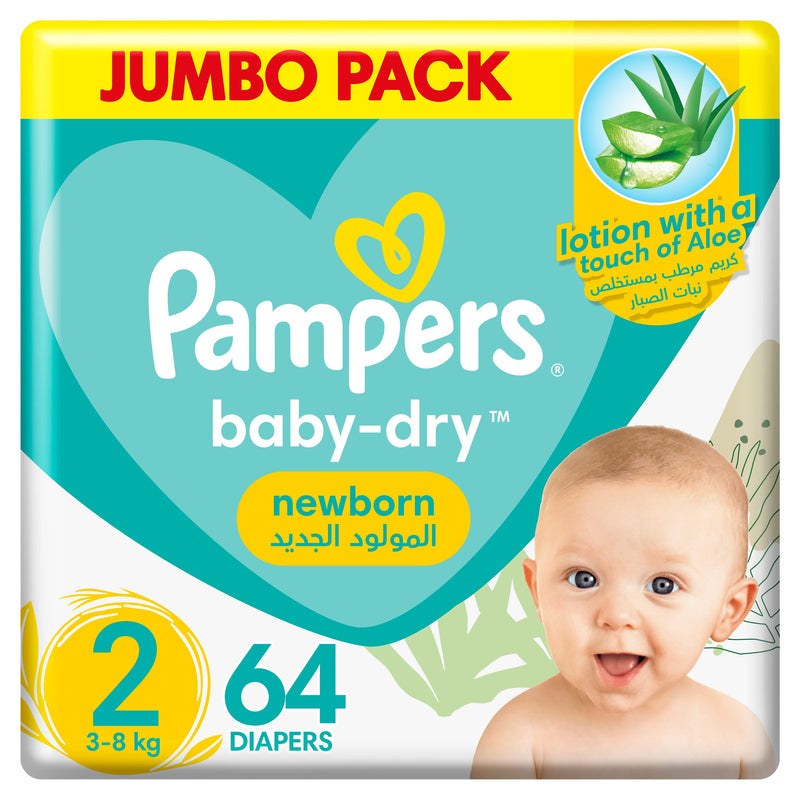 Pampers Baby-Dry Aloe Vera Taped Diapers Size 2, 3-8kg, Jumbo Pack, 64 Count