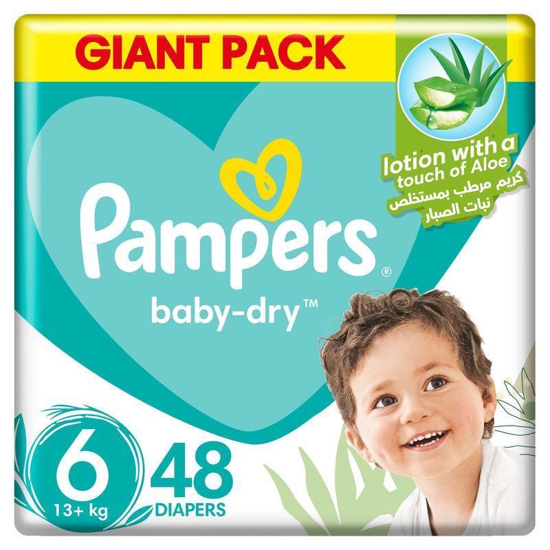 Pampers Baby-Dry Taped Diapers Aloe Vera Lotion Size 6, 13+ kg, 48 Count