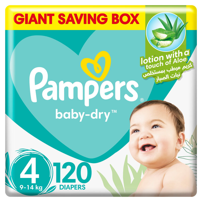 Pampers Baby-Dry Taped Diapers Aloe Vera Lotion Size 4, 9-14kg, 120 Diapers