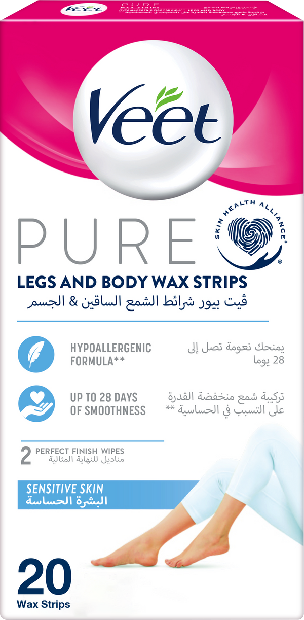 Veet Pure Body & Legs Wax Strips Sensitive Skin Easy-Gelwax 20 Pieces
