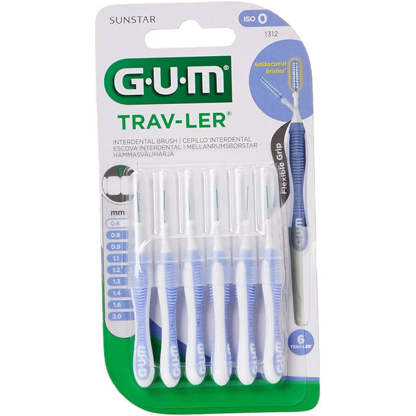 Gum Trav-Ler Interdental Brushes, Ergonomic Handle, Coated Wire, Sky Blue, 6 Pieces