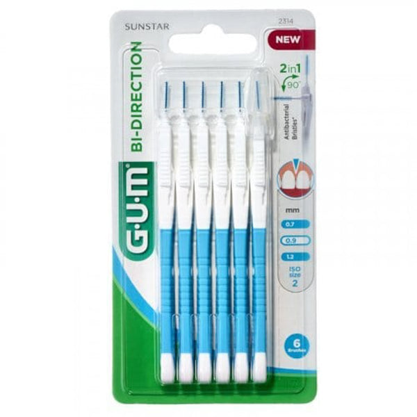 GUM Bi-Directional Micro Fine Interdental Brushes 0.9 mm Antibacterial Bristles, 6 Pieces