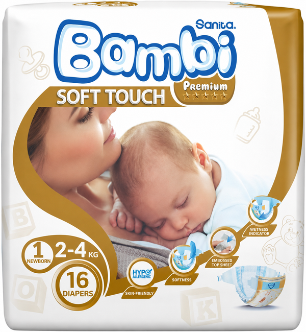 Bambi Size 1 Baby Diapers, Absorbent Comfortable Design, 19 Count