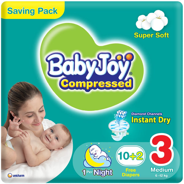 BabyJoy Compressed Medium Diapers Size 3, Flexible Waist, 12-Pack