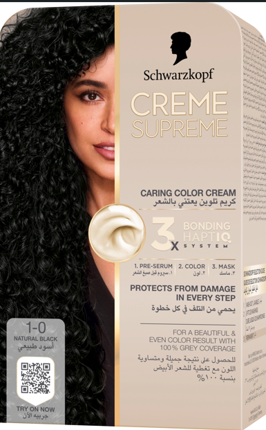 Schwarzkopf Creme Supreme Hair Color Cream Kit, Bonding HAPTIQ System, Natural Black 1-0