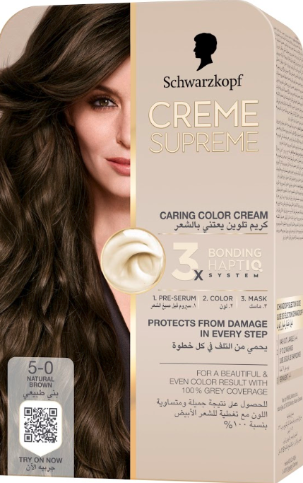 Schwarzkopf Creme Supreme Hair Color Cream Kit 5-0 Natural Brown 3-Step Treatment