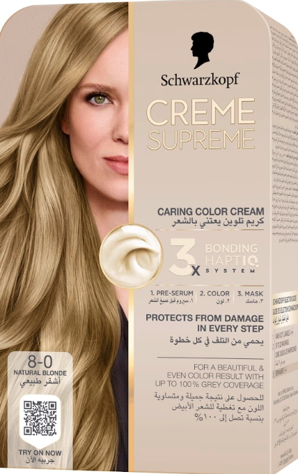 Schwarzkopf Creme Supreme Hair Color Kit Cream 3-Step Bonding HAPTIQ Natural Blonde 8-0
