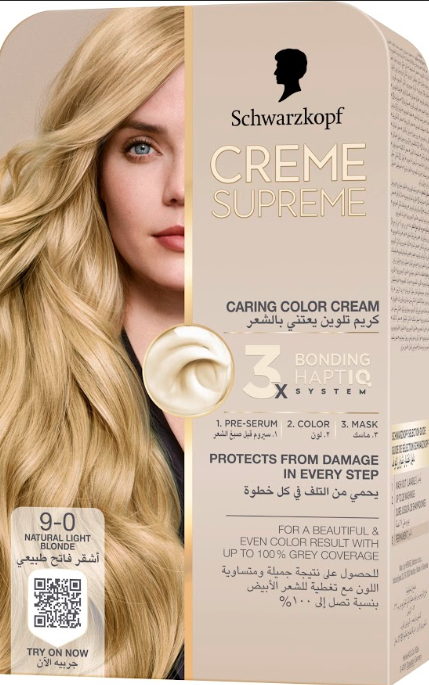 Schwarzkopf Creme Supreme Full Kit 9-0 Natural Light Blonde Hair Color Cream with HAPTIQ Bonding System