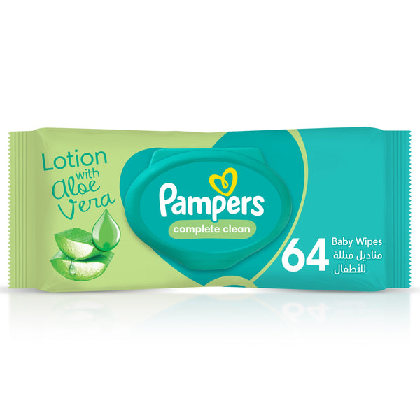 Pampers Complete Clean Baby Wet Wipes with Aloe Vera Lotion, Alcohol-Free, 64 Wipes