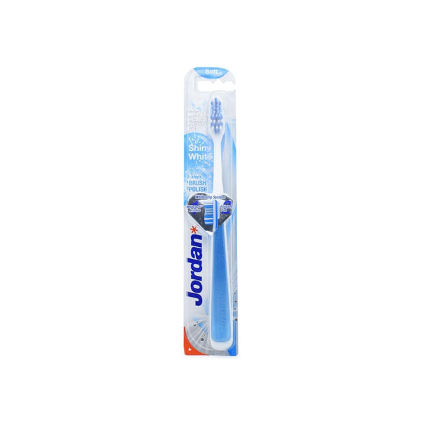 Jordan Shiny White Soft Toothbrush, Nylon Bristles, Blue