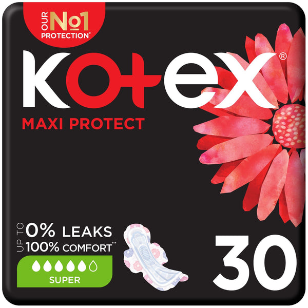 Kotex Maxi Protect Large Sanitary Pads with Wings, Thick Soft Cover, 30 Pieces