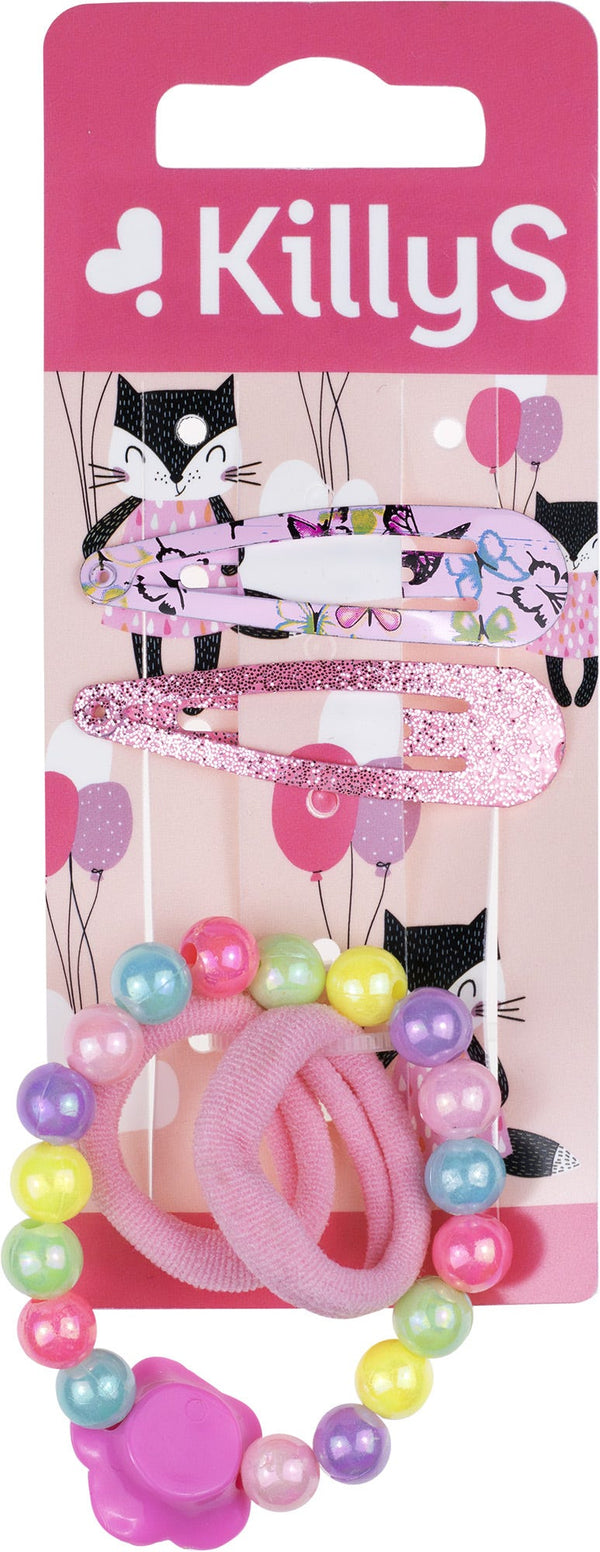 KillyS Kids Butterfly Hair Accessory Set, 2 Click Clack Hair Ties, 2 Elastics and Butterfly Bracelet