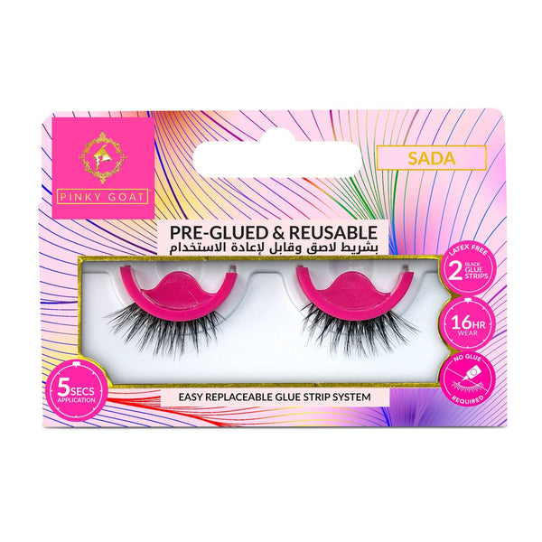 Pinky Goat Pre-Glued Sada Natural Lashes, Handmade Vegan Natural Curl, Reusable Black Glue Strip