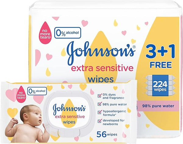 Johnson's Baby Extra Sensitive Water Wipes, Gentle Cleansing, 3+1 Packs, 224 Count