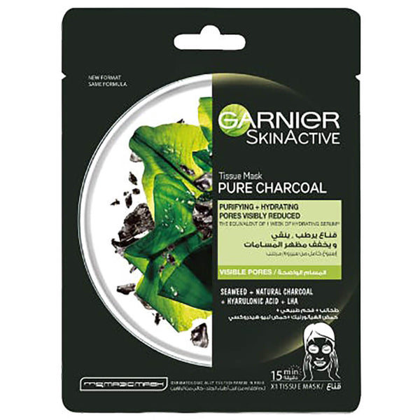 Garnier Active Charcoal Tissue Face Mask Purifying Hydrating Black Seaweed LHA Hyaluronic Acid 28 g