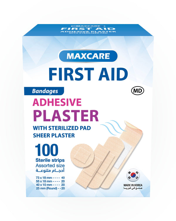MAXCARE First Aid Adhesive Bandages Assorted Shapes and Sizes, Sterilized Non-Stick Pad, 100 Pieces
