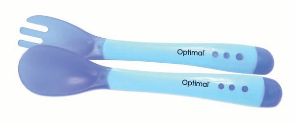 Optimal Silicone Baby Spoon & Fork Set, Flexible Food-Grade Utensils, Blue, 4+ Months