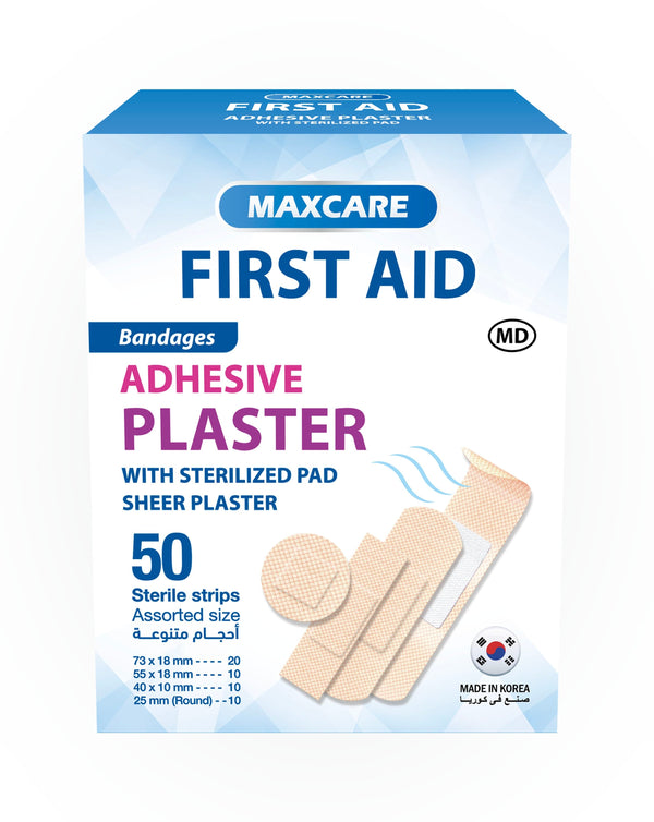 Maxcare First Aid Adhesive Bandages Assorted 50 Pieces Sterilized Non-Stick Pads