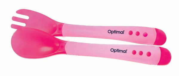 Optimal Flexible Silicone Baby Spoon & Fork Set, Food-Grade, BPA-Free, Pink, 4m+