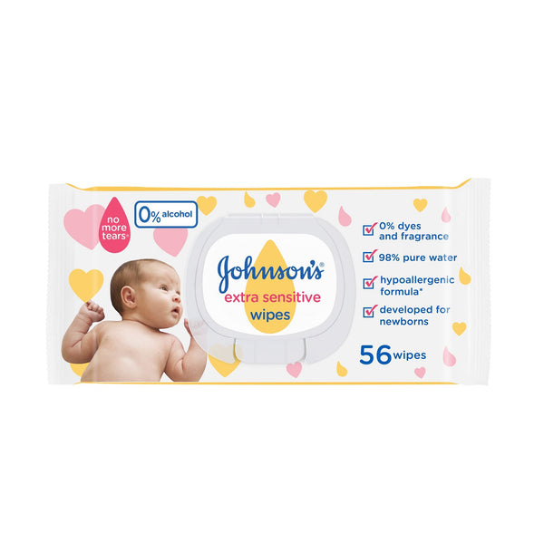 Johnson's Extra Sensitive Baby Wipes 98% Pure Water Hypoallergenic Fragrance-Free 56 Wipes