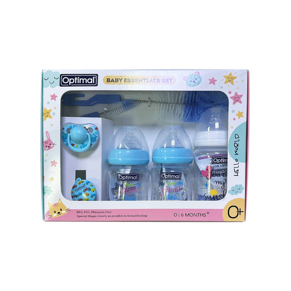 Optimal Newborn Feeding Gift Set Wide-Neck Bottles Silicone Soother Blue 0-6 Months