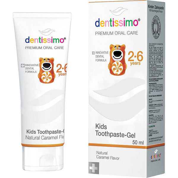 Dentissimo Kids Toothpaste Gel, Caramel Aroma, Fluoride-Free, 50 ml, Ages 2-6