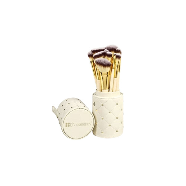BH Cosmetics 12-Piece Makeup Brush Set Soft Synthetic Bristles Beige Holder