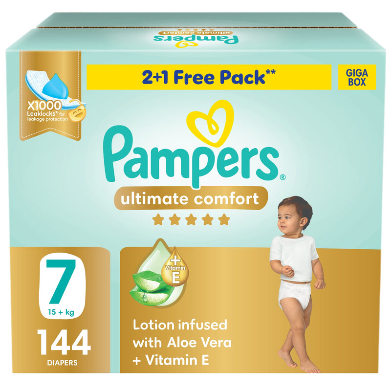 Pampers Premium Care Taped Diapers Size 7, Aloe Vera and Vitamin E Lotion, 15+ kg, 144 Count