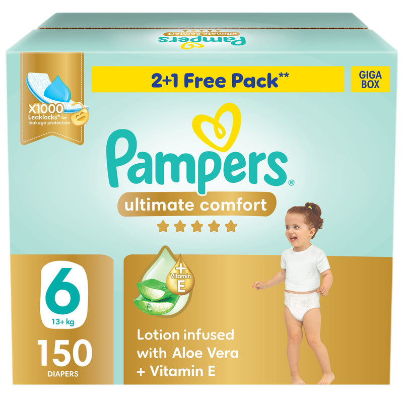 Pampers Premium Care Taped Diapers Size 6, Aloe Vera and Vitamin E, 13+ kg, 150 Count