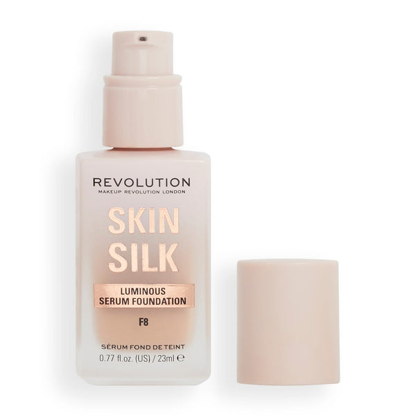Makeup Revolution Skin Silk Serum Foundation Radiant Satin Finish Hyaluronic Acid Peptide Complex F8 23 ml