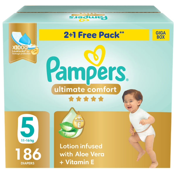 Pampers Premium Care Size 5 Taped Nappies, 11-16 kg, Giga Box, 186 Count