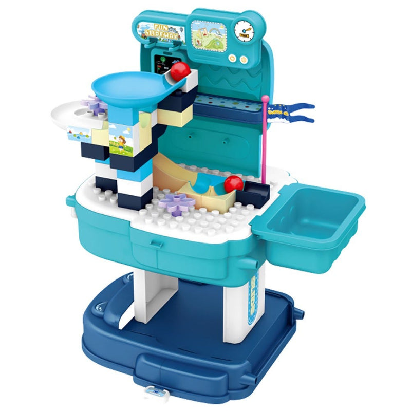 Little Story Theme Park Block Toy Set With Slide, Role Play School Bag, 52 Pieces, Blue