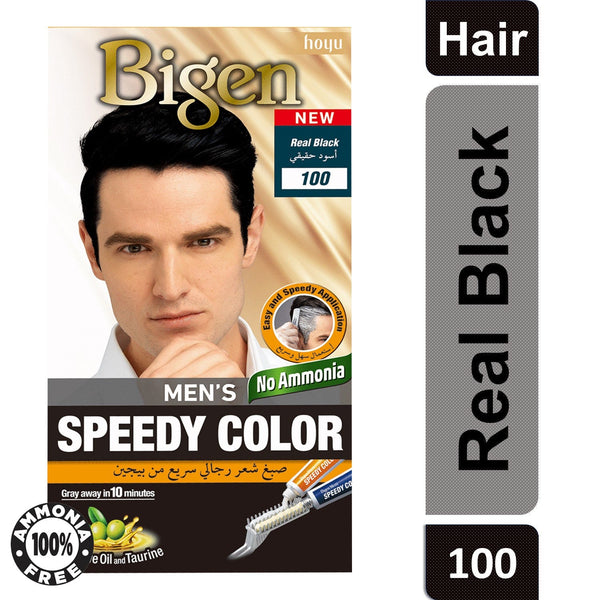Bigen Men's Speedy Color Hair Dye Cream Kit Real Black 100 with Taurine and Olive Oil