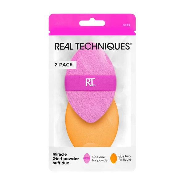 Real Techniques Miracle 2-In-1 Powder Puff Duo Dual-Sided Makeup Applicators, Pink and Orange, 2 Pack