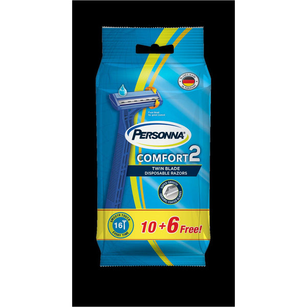 Personna Comfort2 Disposable Razors Twin Ceramic-Coated Blades Vitamin E Aloe Vera 10+6 Pack