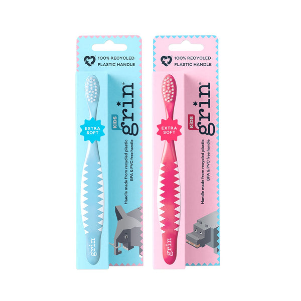 Grin Kids Recycled Soft Toothbrush Extra Soft Rounded Nylon Bristles Pink or Blue 1 Pc