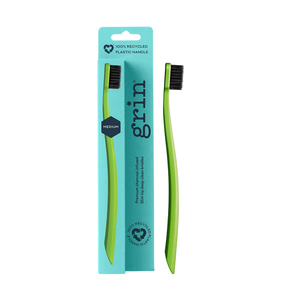 Grin Recycled Toothbrush Medium-Soft Charcoal Bristles Lime 1 Pack