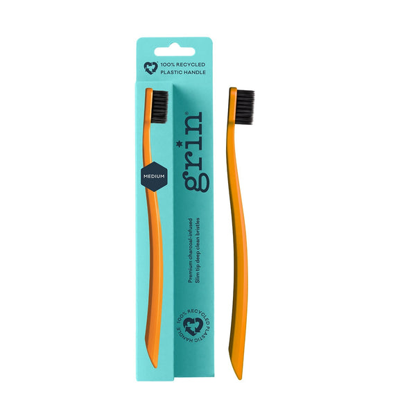 Grin Recycled Manual Toothbrush Medium Soft Charcoal Orange 1 Pack