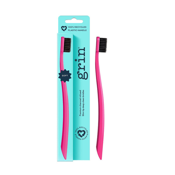 Grin Recycled Soft Toothbrush Charcoal-Infused Bristles Fuchsia 1 Pack
