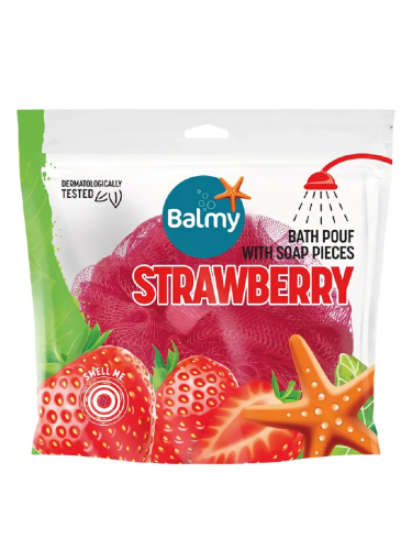 Balmy Strawberry Soap-Infused Bath Loofah Pouf