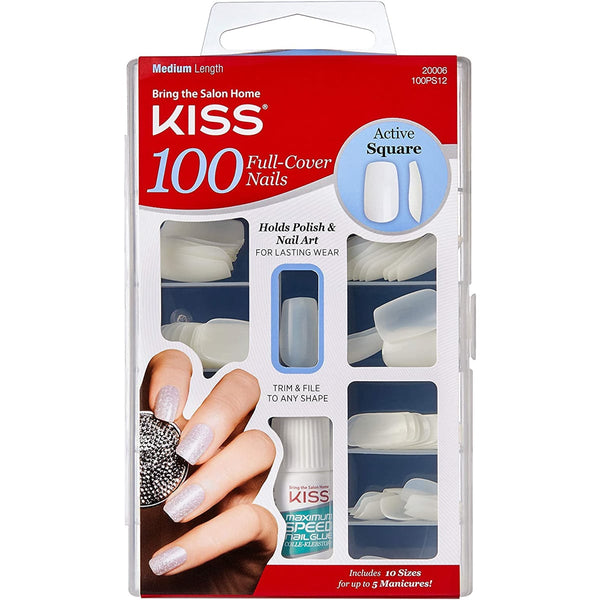 KISS Nails 100 Full Cover Artificial Nails Active Square 10 Sizes with Glue