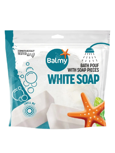 Balmy White Soap Sponge Bath Loofah, Scented Pouf with Built-In Soap Pieces