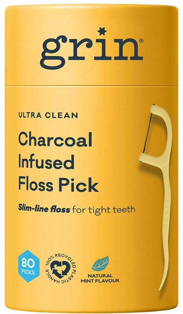 Grin Ultra Clean Adults Charcoal-Infused Dental Floss Picks Mint, 80 Pack