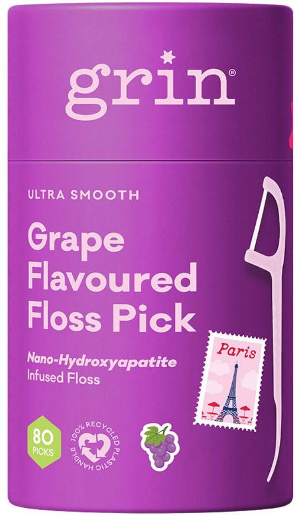 Grin Ultra Smooth Grape Flavoured Dental Floss Picks with Hyaluronic Acid, 80 Pack