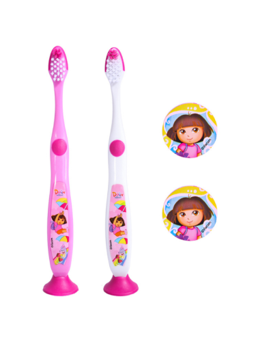Fab Lab Dora Soft Kids' Toothbrush with Protective Caps and Suction Bases, 2 Pieces