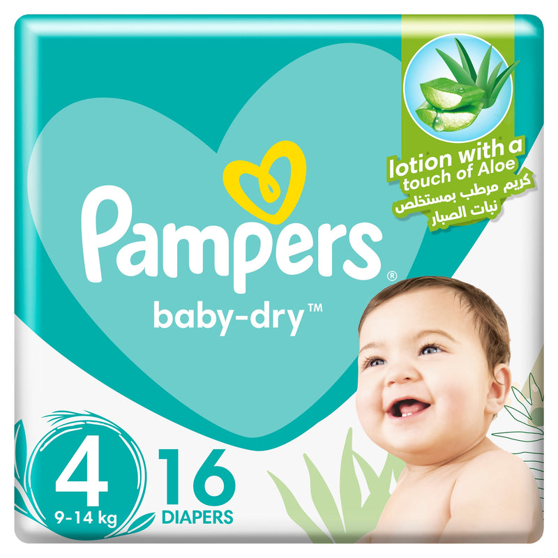 Pampers Baby-Dry Taped Diapers Regular Size 4 Aloe Vera Lotion 9-14 kg 16 Diapers