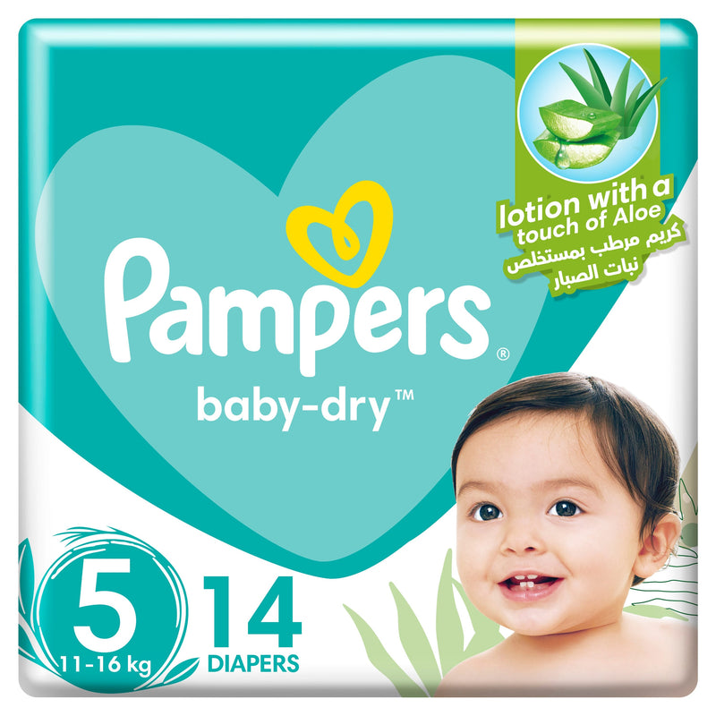 Pampers Baby-Dry Taped Diapers Aloe Vera Lotion Size 5, 11-18 kg, 14 Diapers