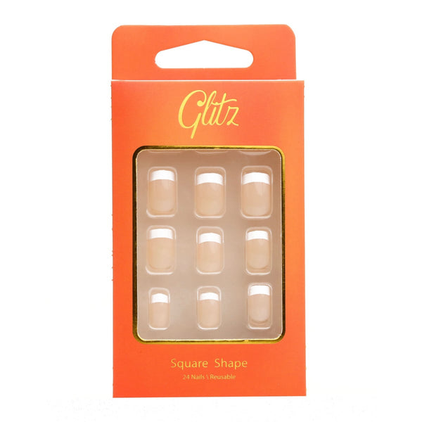 Glitz Nails Square Press-On Nails Reusable French Nude 20 Pieces